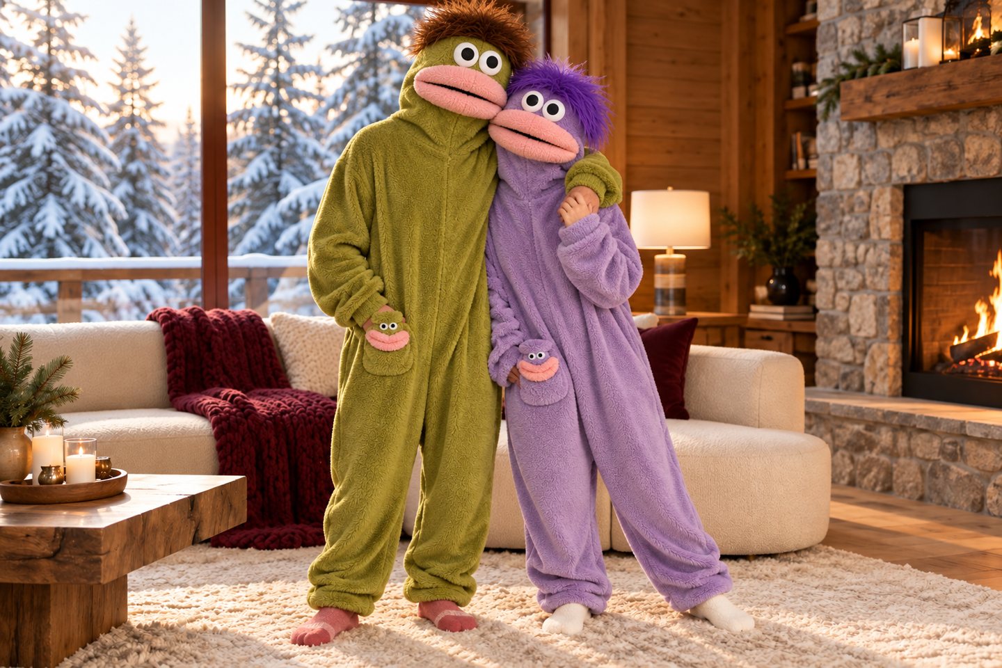 A couple wearing green and purple FUZMO monster onesies together in a winter cabin — styled campaign