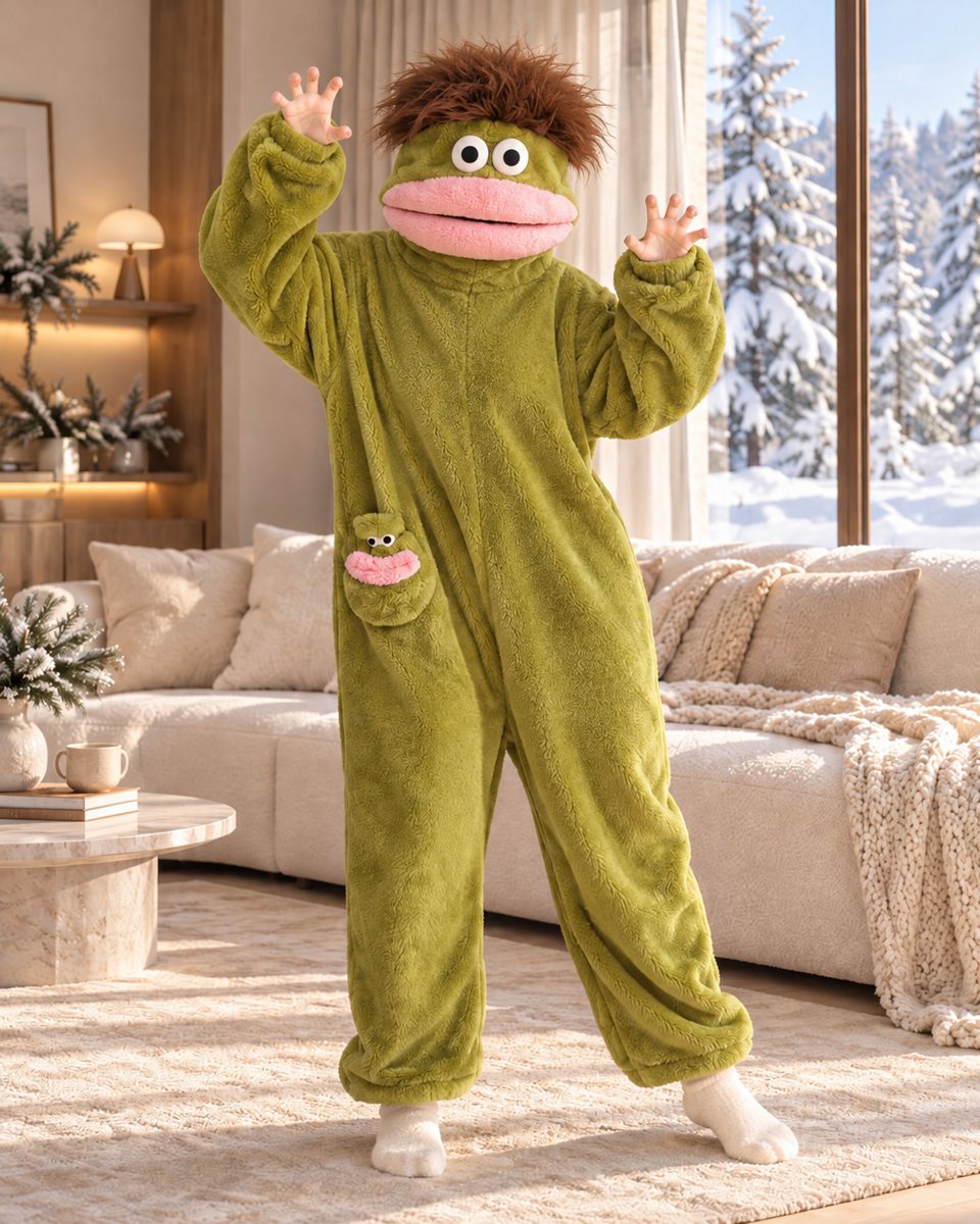 FUZMO green onesie with full closed monster head cover and body-attached lower lip — styled campaign